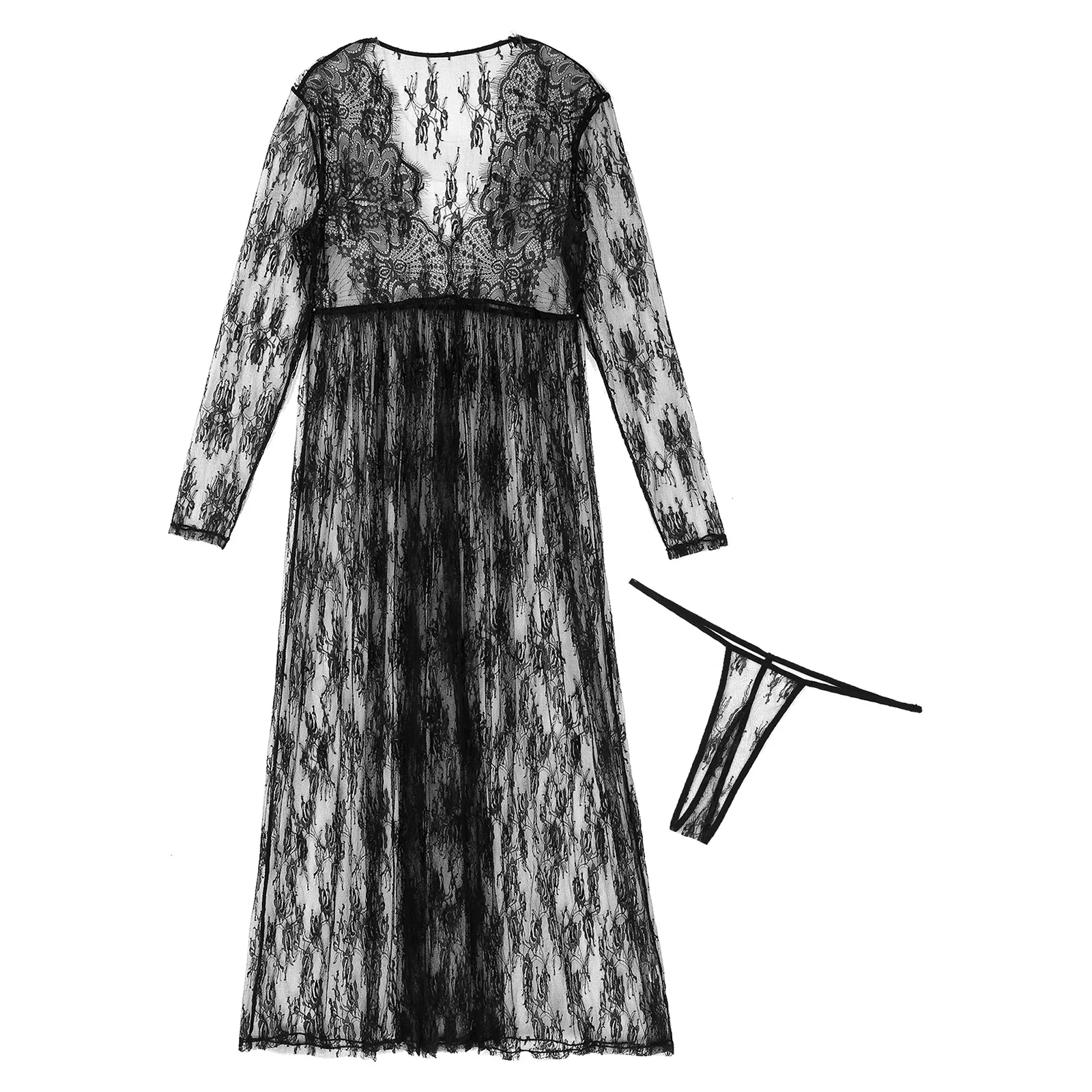 

Black Women See-through Lace Floral Nightdress Sexy Lingerie Nightwear Scalloped V Neck Long Sleeve Nightgown with G-strings