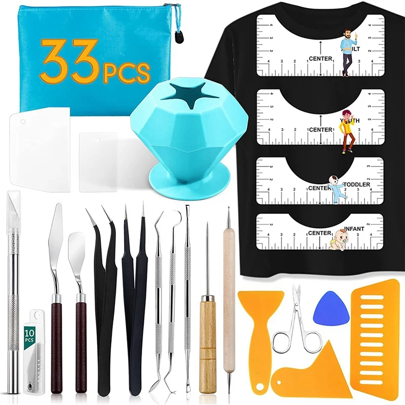 

33Pcs Weeding Tools For Vinyl T-Shirt Ruler Guide With Scrap Collector Craft Tool Set For Silhouettes,Lettering,Splicing