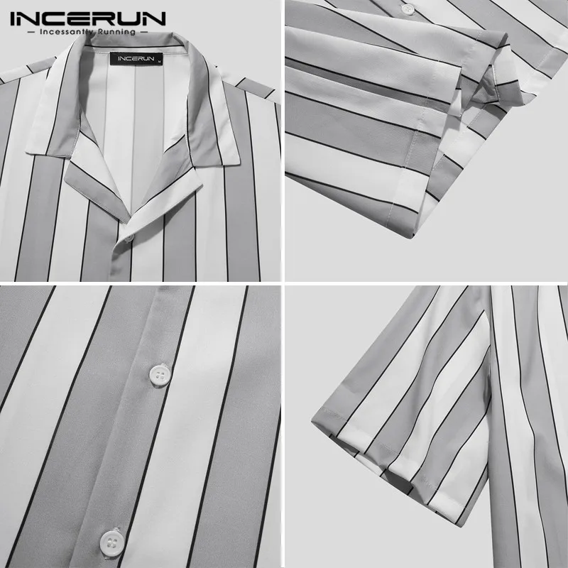 

INCERUN 2021 Summer Men Striped Shirt Streetwear Short Sleeve Breathable Button Fashion Thin Tops Turn Down Collar Camisas S-5XL