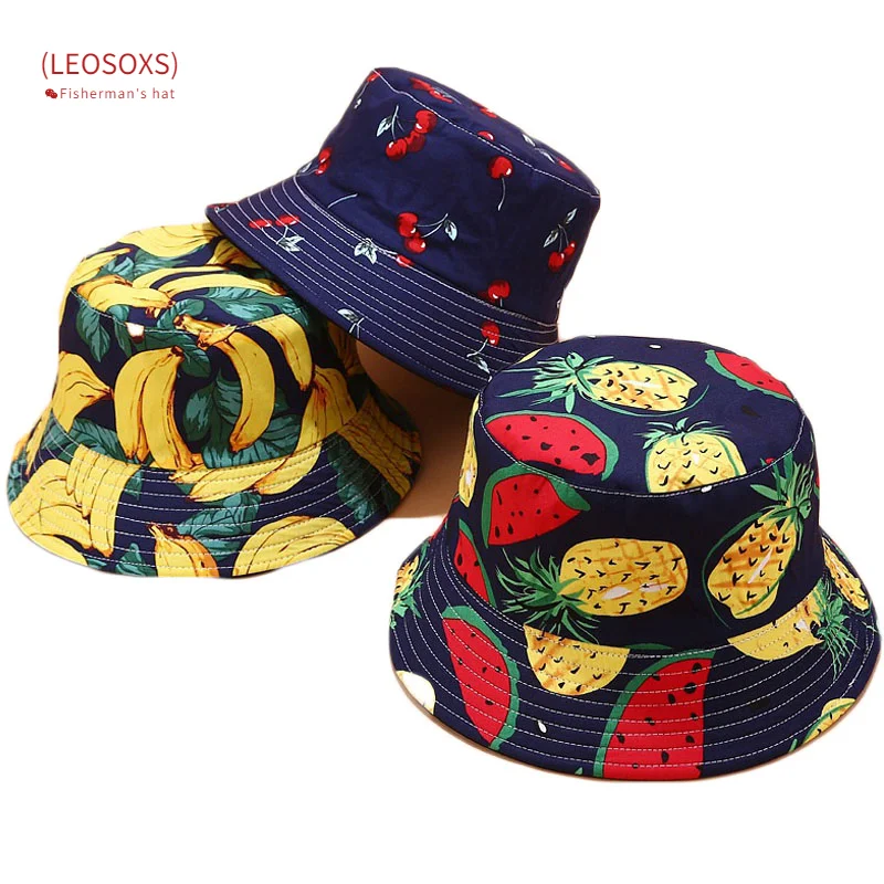 

Women Men Panama Summer Reversible Bucket Hat Harajuku Hip Hop Bucket Cap Fruit Pineapple Banana Watermelon Print Fisherman Hat