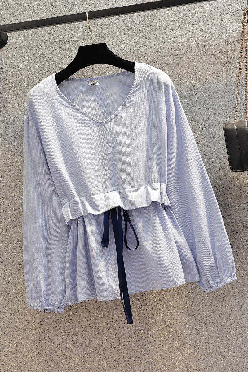 

COIGARSAM 4XL Plus Size blouse women Spring High Waist blusas womens tops and blouses Blue 3836