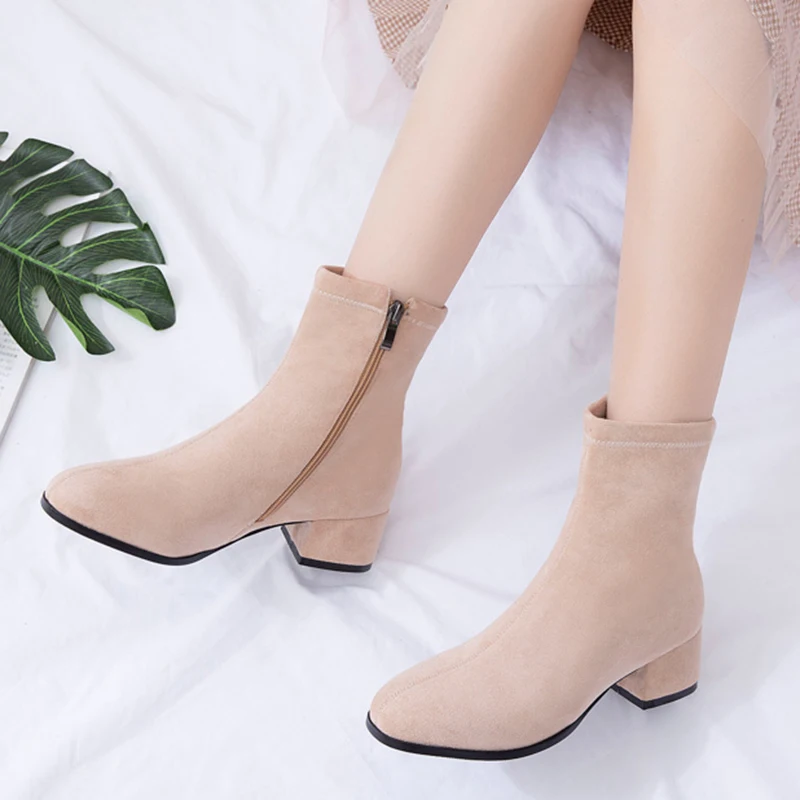 Rimocy/Удобные однотонные женские ботильоны из флока на квадратном каблуке