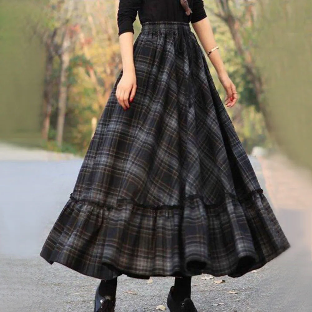 

Women Plaid Skirt 2020 Autumn Winter Retro High Waist Pleated Skirt Women Casual Maxi Skirt Female Flare Plaid Long Skirts