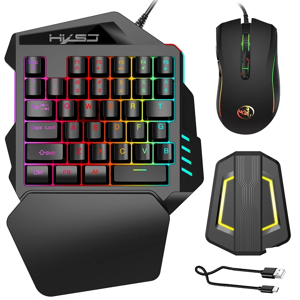 

A869 RGB Ergonomic Wired Gaming Mouse Set V100 35 Keys Single-Hand Game Keyboard P6 Portable Keypad Mouse Converter Combo