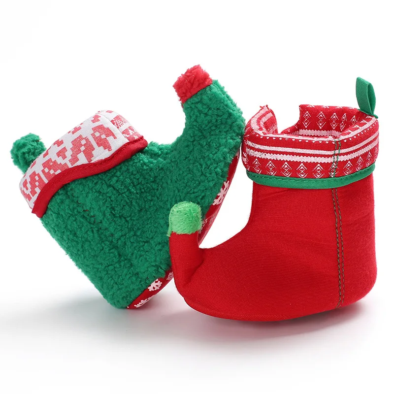 

Lovely New winter Christmas Design Red Baby Shoes Unique Warm Green Color first walker Boots Cotton Baby shoes soft sole