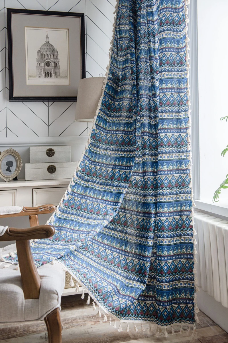Синяя богемная штора с геометрическим принтом для гостиной спальни
