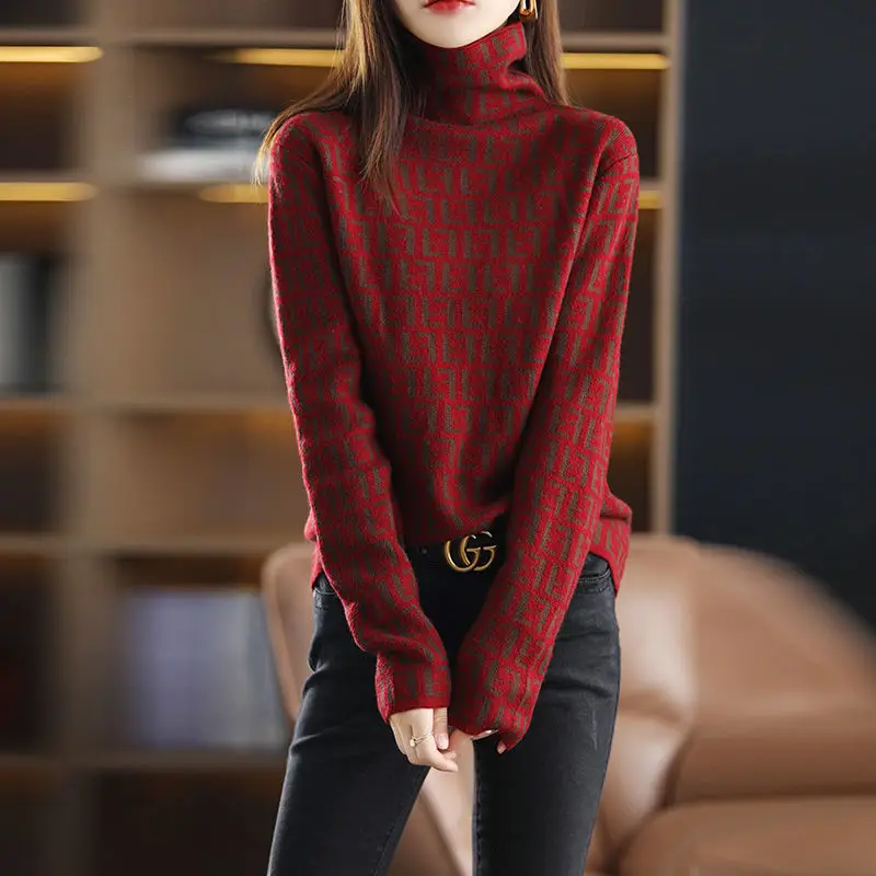 

winter new pile collar knitted bottomed shirt women's Jacquard high collar with foreign style inside and knitted
