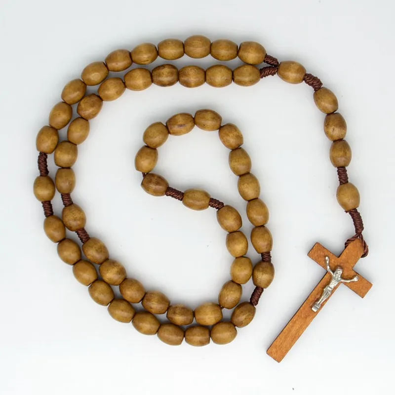 Овальные деревянные четки кулон с крестом Иисуса ожерелье католицизма модные