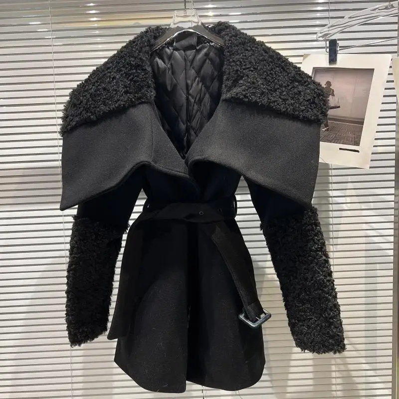 Women Fashion Navy Collar Wool Cotton Liner Belt Coat New Arrivals Long Sleeve Lady Temperament Fashion Winter