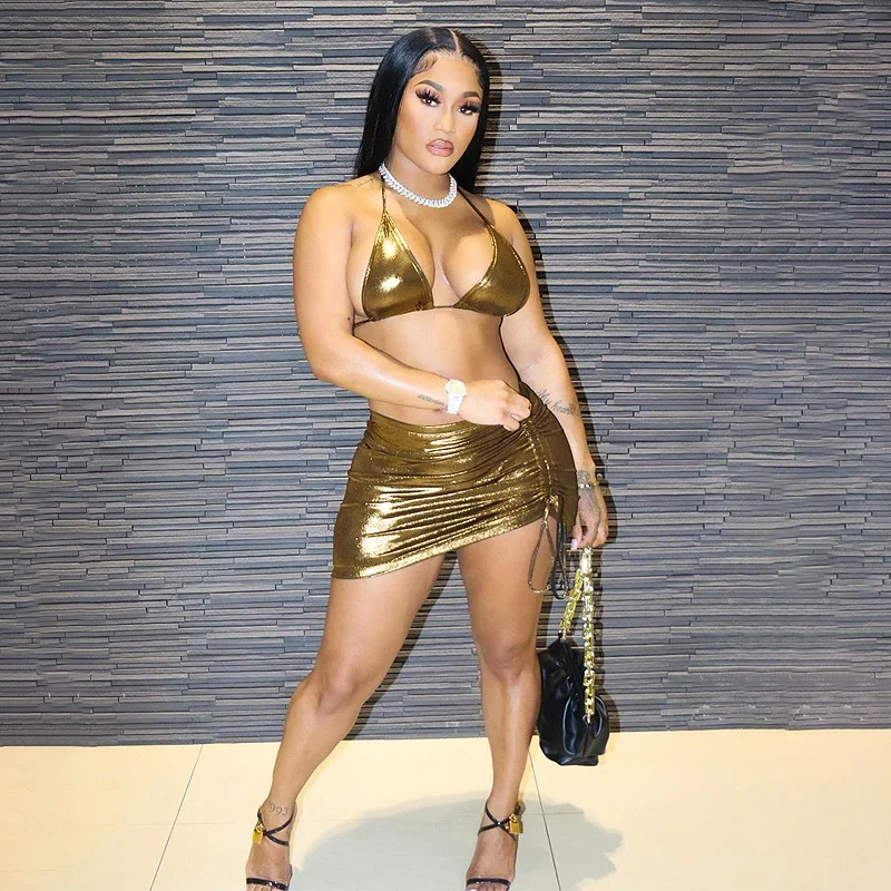 

BKLD 2021 Summer New Women Clothing Sexy Halter Crop Top Mini Skirt Two Piece Sets Ruched Drawstring Fashion Tracksuit Female