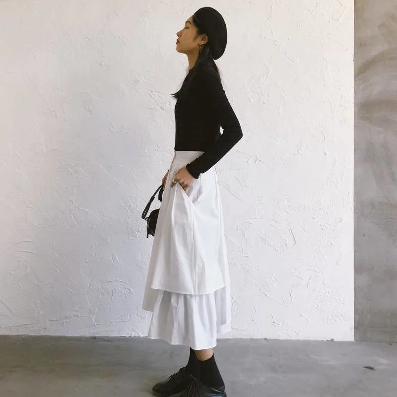 

vintage summer New Black Long Pleated Skirt Women White High Waist Irregular Skirt Big Swing Midi Skirt Gothic Streetwear saias