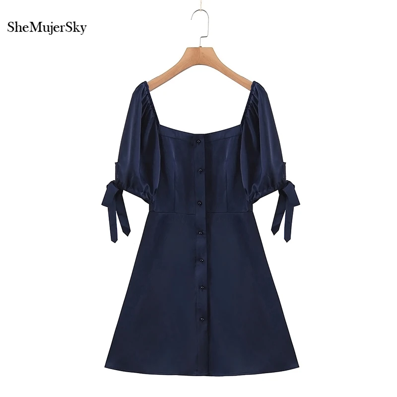 

SheMujerSky Summer Women Square Collar Dark Blue Dress Vintage Short Sleeve Buttons Backless A-line Dresses 2021