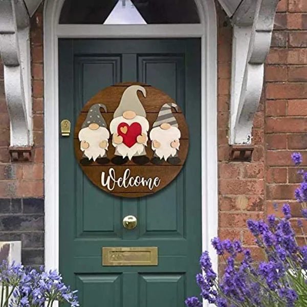 

Newly Triple Gnome with Heart Welcome Sign Front Door Hanger for Farmhouse Rustic Wooden Door Hangers Front Porch Decor BN