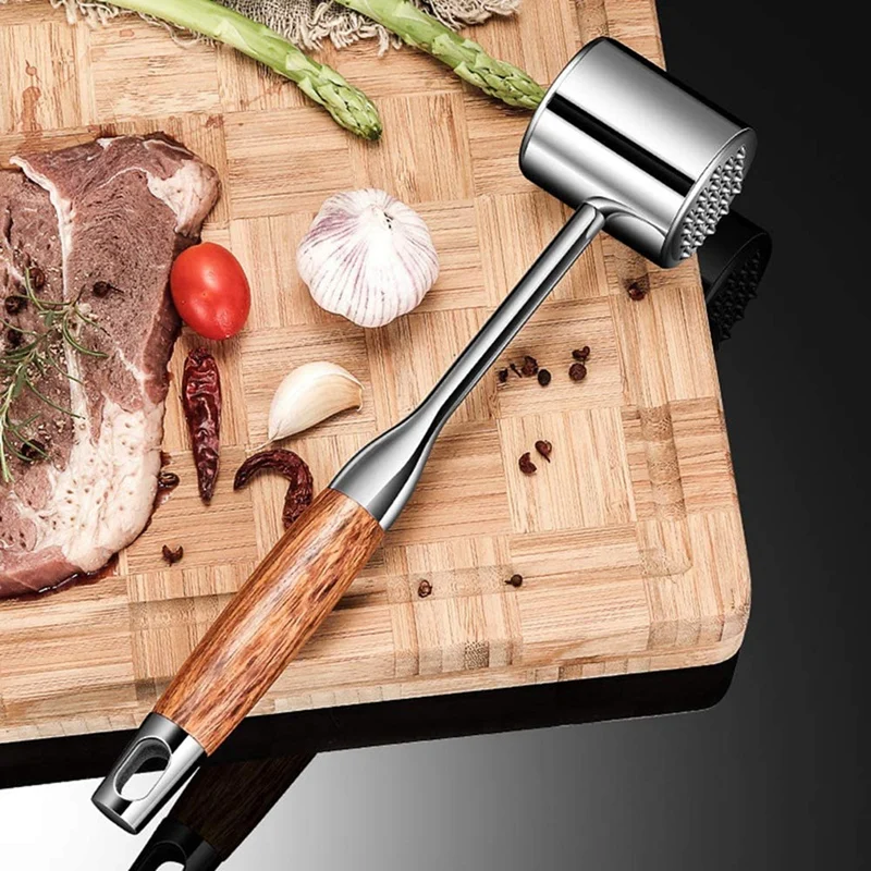 

Meat Tenderizer Tool - Meat Mallet Hammer 304 Stainless Steel - Heavy Meat Pounder Dual Sided with Wood Handle