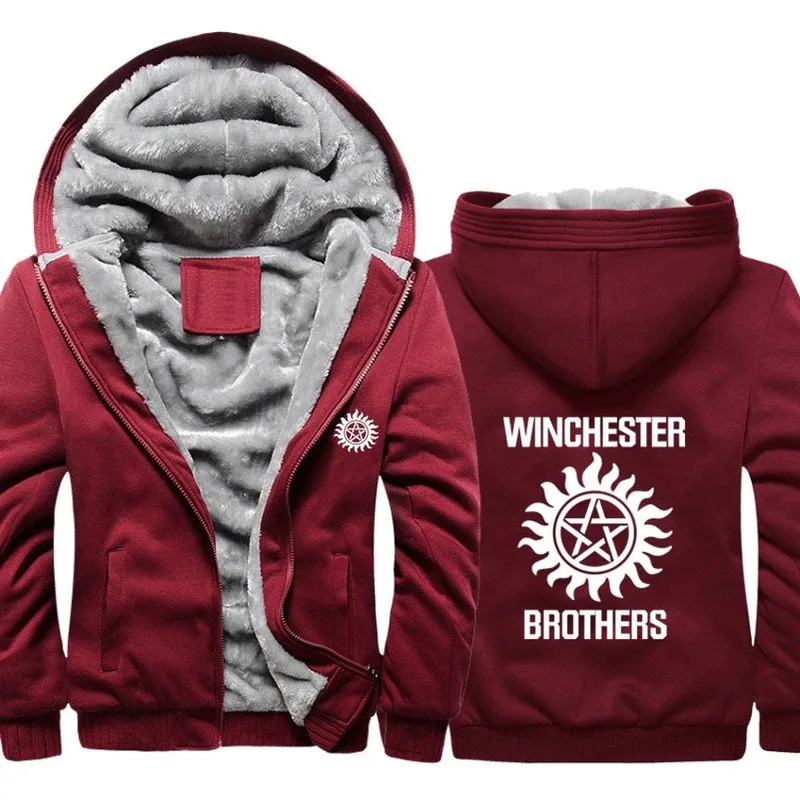 

Supernatural winchester brothers Print Hoodies Mens Winter High Quality Warm Thicken Fleece Zipper Sweatshirt Coat Hoody Male 52