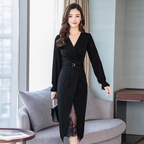 Женское офисное кружевное платье однотонное длинное в стиле пэчворк Новое