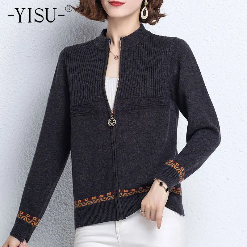 

Женская одежда YISU 2021, Осенний Повседневный Кардиган для женщин, однотонный Свободный вязаный кардиган на молнии с коротким высоким воротни...