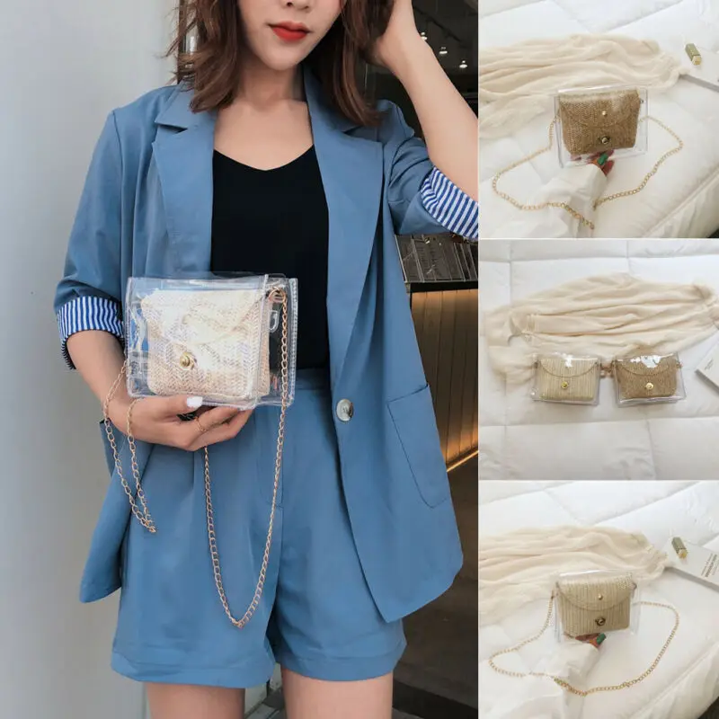 Ретро Винтаж женщины Лето Пляж Tote Сумочка Дамы ротанга соломенная желе сумка