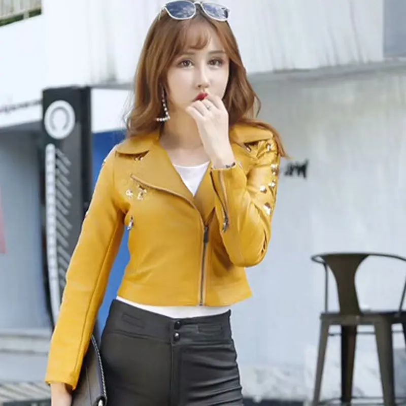 

Diamond-Embroidery Flower Faux Leather PU Jacket Women 2021 Spring Autumn Fashion Motorcycle Jackets Short Outerwear Coats Y599