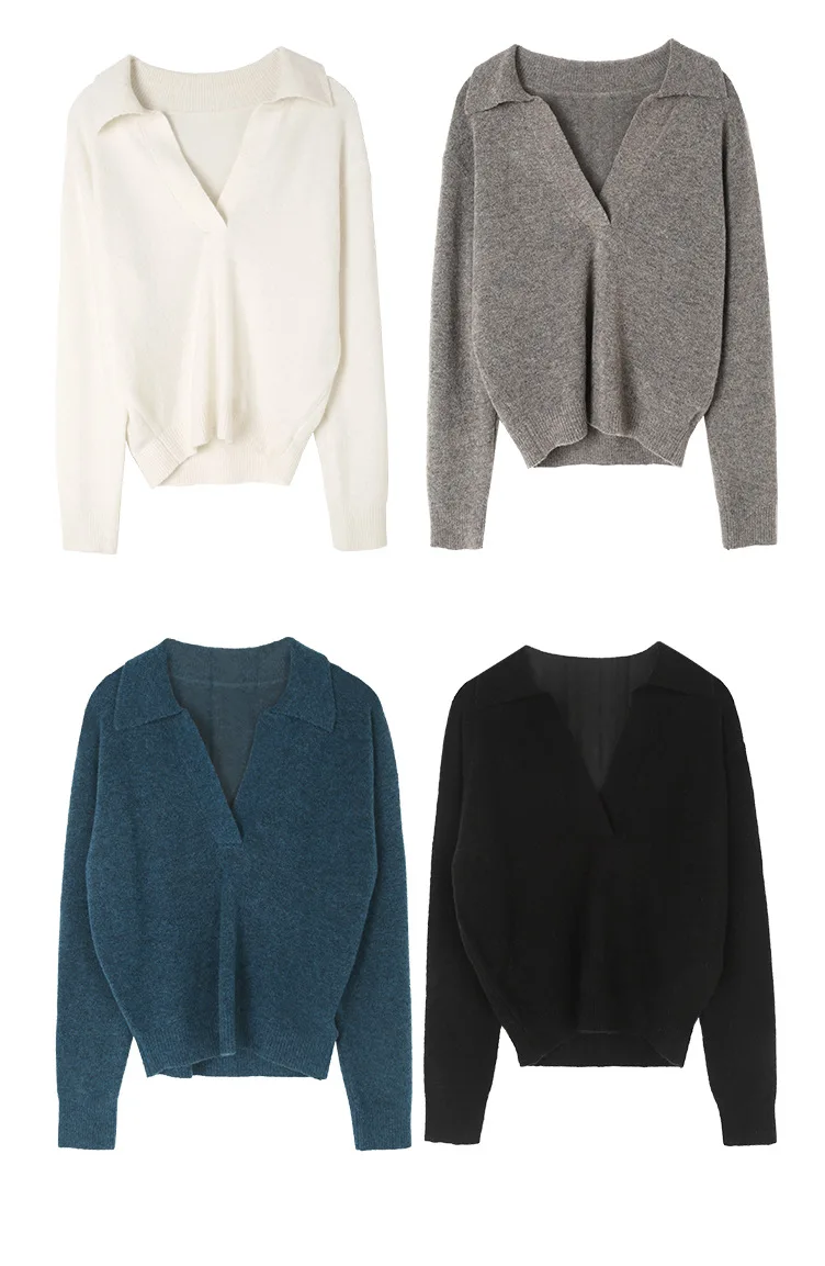 

V-Neck Wool Blend Design Vintage Woman Sweaters Fall Winter Solid Womens Knit Pullover Autumn Fashion Pullovers tops