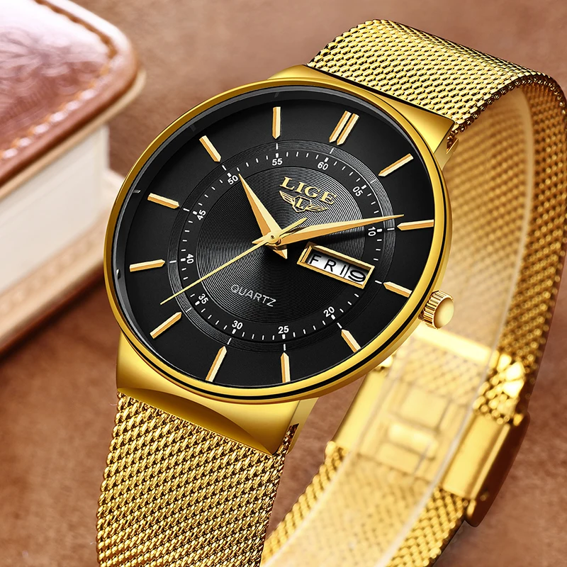 Relogio Masculino 2022 LIGE New Mens Watches Top Brand Luxury Ultra Thin Quartz Watch Men Steel Mesh Strap Waterproof Gold Watch