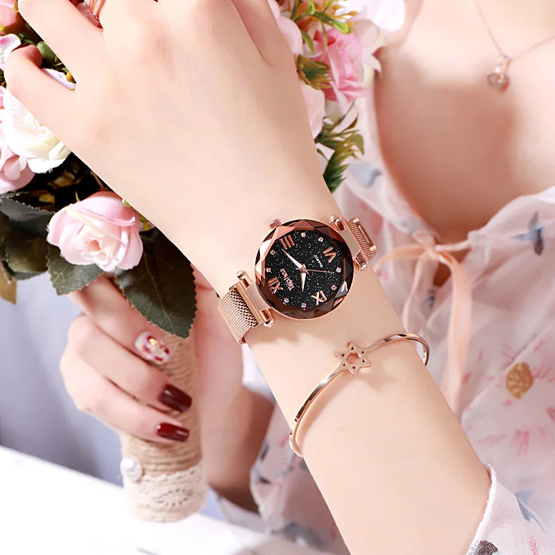 Женские кварцевые часы с римскими цифрами розовое золото сетка звездное небо