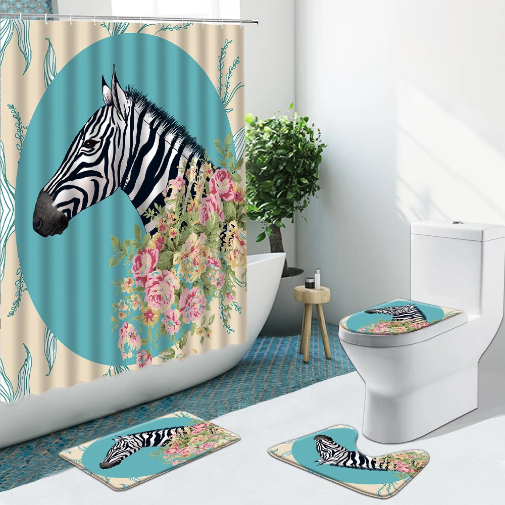

Black White Animal Zebra Flower Steed Bathroom Set Shower Curtain Non-Slip Rugs Flannel Carpet Toilet Cover With Hooks Bath Mat