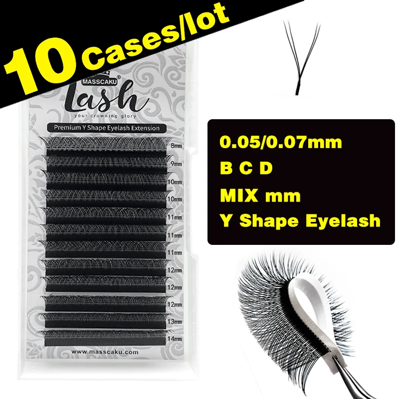

10Cases/Lot MASSCAKU Supplier Y Type Eyelashes 8-15mm premade fans eyelash extension for Professional Easy to Work and Very Soft