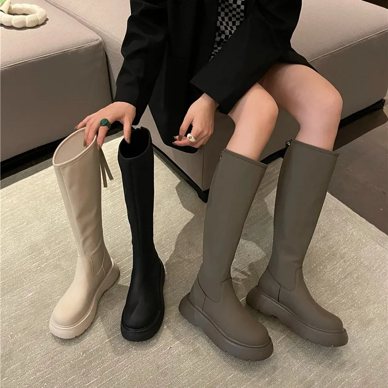 

Женские сапоги на плоской подошве, зимние сапоги выше колена из искусственной кожи, с круглым носком, Осень-зима 2021