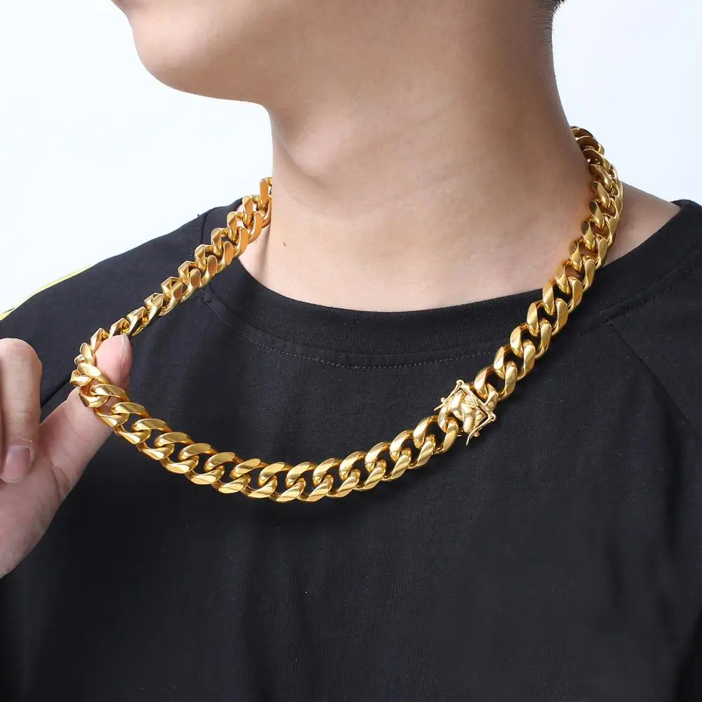 

Customer Size 7-40" 14mm Stainless Steel Cuban Miami Chains Necklaces Big Heavy Gold Color Chain for Men Hip Hop Rock jewelry