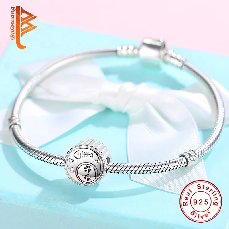 Аутентичные 925 пробы серебряные милые кошачьи следы Шарм Рыбная кость Бусы для