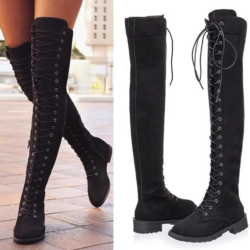 

2020 New Hot Women Boots Autumn Winter Ladies Fashion Lace Flat Bottom Boots Shoes Over The Knee Thigh High Suede Long Boots hot