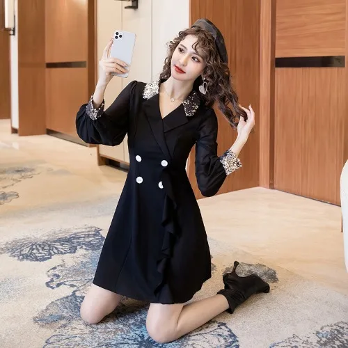 

Sutimine 2021 Spring Women's Dresses A Line Sequin Dress Elegant Long Sleeve Blazer Collar Fitness Fashion Shiny Sequins Dresses