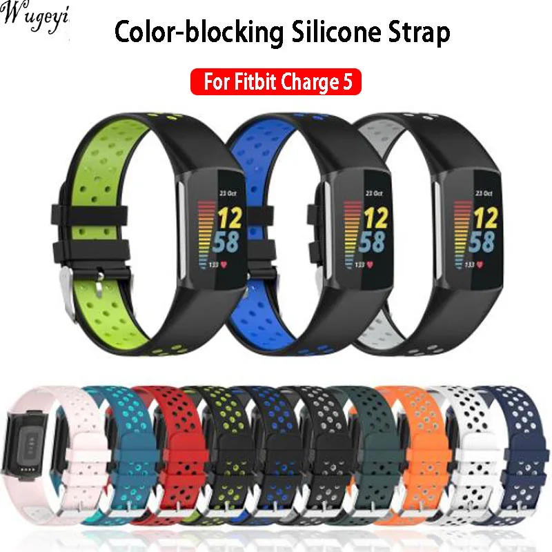 

For Fitbit Charge 5 Smart Bracelet Strap Silicone Replacement Strap for Charge 5 Two-color Hollow Breathable Wristband