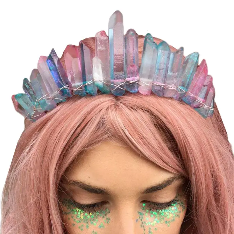 

Bohemian Handmade Bridal Tiara Crown Faux Raw Crystal Rainbow Colorful Aura Headband Alloy Moon Festival Prom Hair Hoop