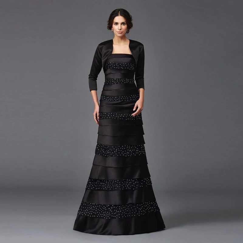 

2020 Elegant Black Two Pieces Mother of the Groom Gowns With Jacket A Line Strapless Beading Tiered Skirt Wedding Party Dress