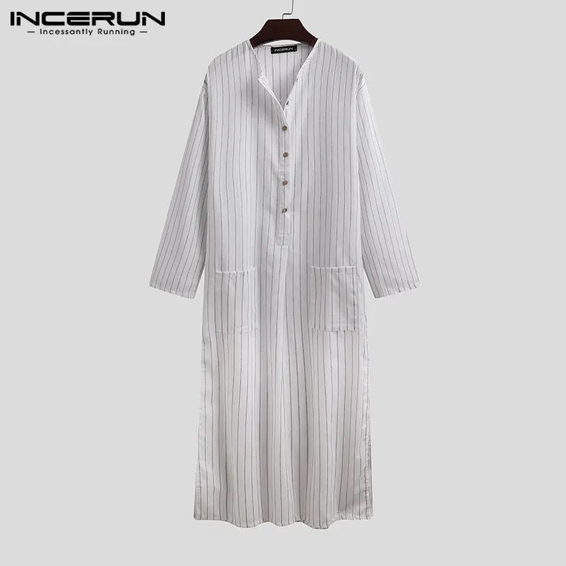 

Fashion Men Muslim Striped Jubba Thobe Long Sleeve Pockets Abaya Islamic Kaftan Dubai Saudi Arabia Casual Men Robes INCERUN 5XL