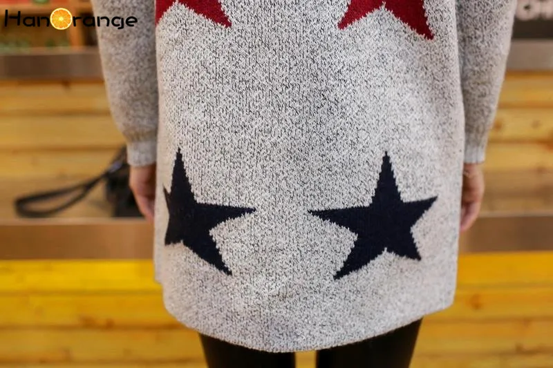 HanOrange Autumn Women Loose Knit Stars Long V-Neck Cardigan Sweater Coat |