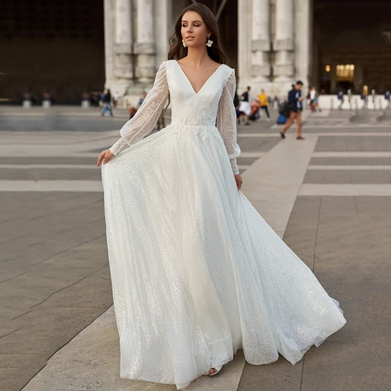 

Eightree Boho A-Line Glitter Wedding Dresses Double V-neck Long Sleeves A-Line Bridal Gowns Simple White Brides Dress Plus Size