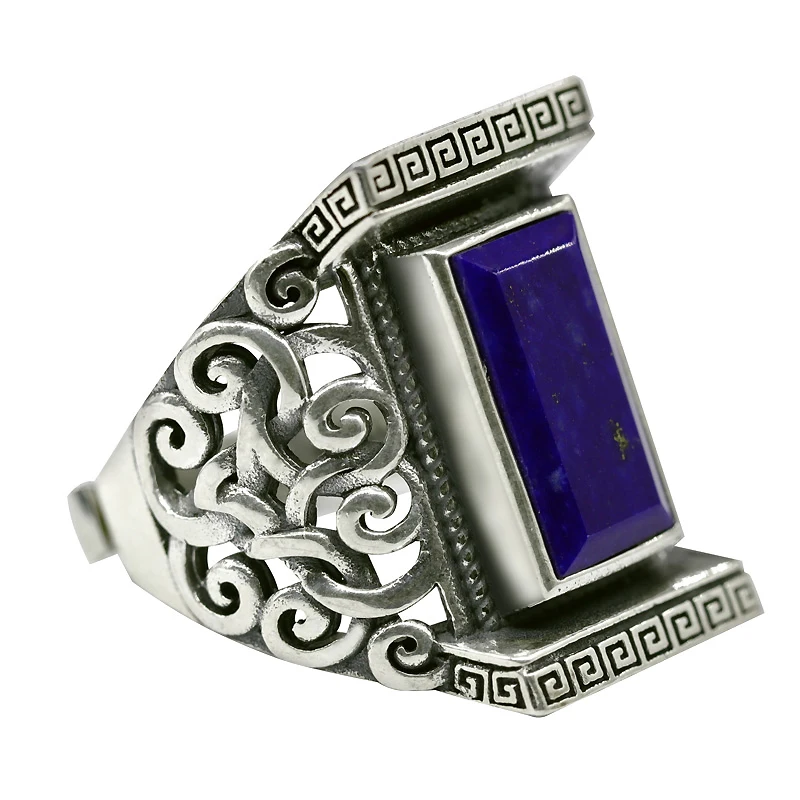 

Mengke Silver Jewelry Men's Pure Silver Ring Open Ethnic Style Single Index Finger Ring Natural Blue Gold Domineering Retro Coup