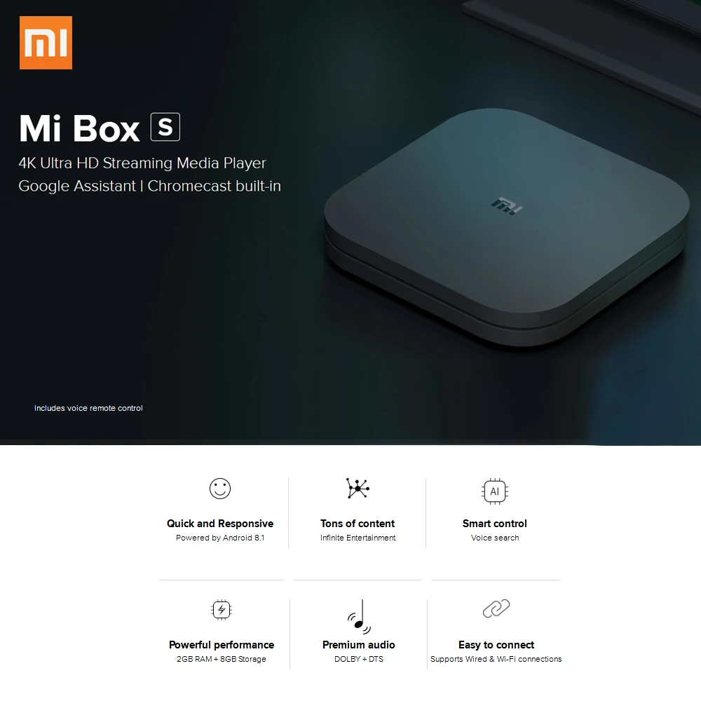 Глобальная версия Xiaomi mi Box S 4K HDR Android tv Box четырехъядерный 2 ГБ DDR3 8 Гб WiFi Google Assistant Smart медиаплеер mi Box S