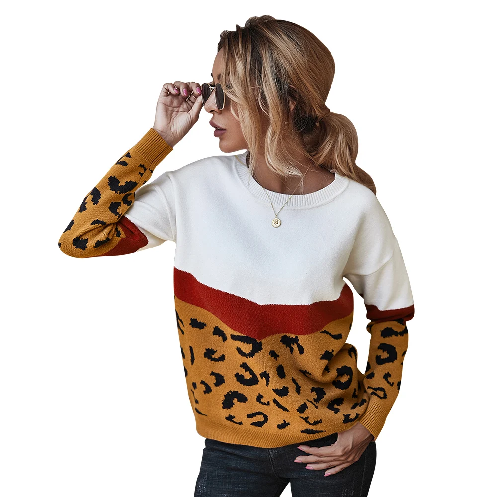 

Woman Sweaters Casual Warm Fuzzy Leopard Printed Patchwork Long Sleeves Knitted Pullover Cropped Sweater Tops