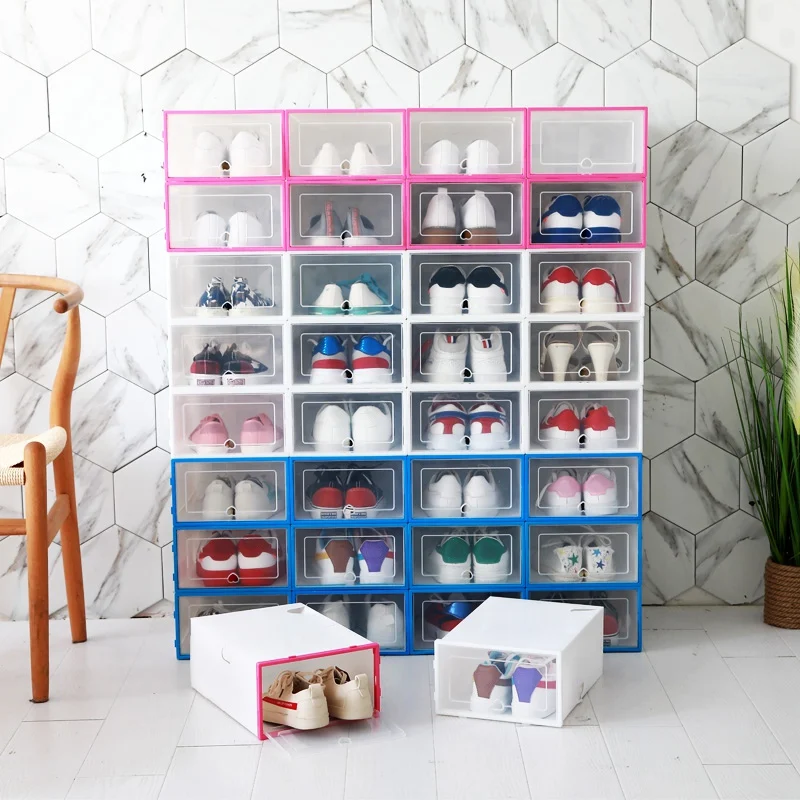 

s-1 pcs DIY Clear Plastic Shoe Boxes Stackable Folding Shoe Storage Drawer Container Organizer