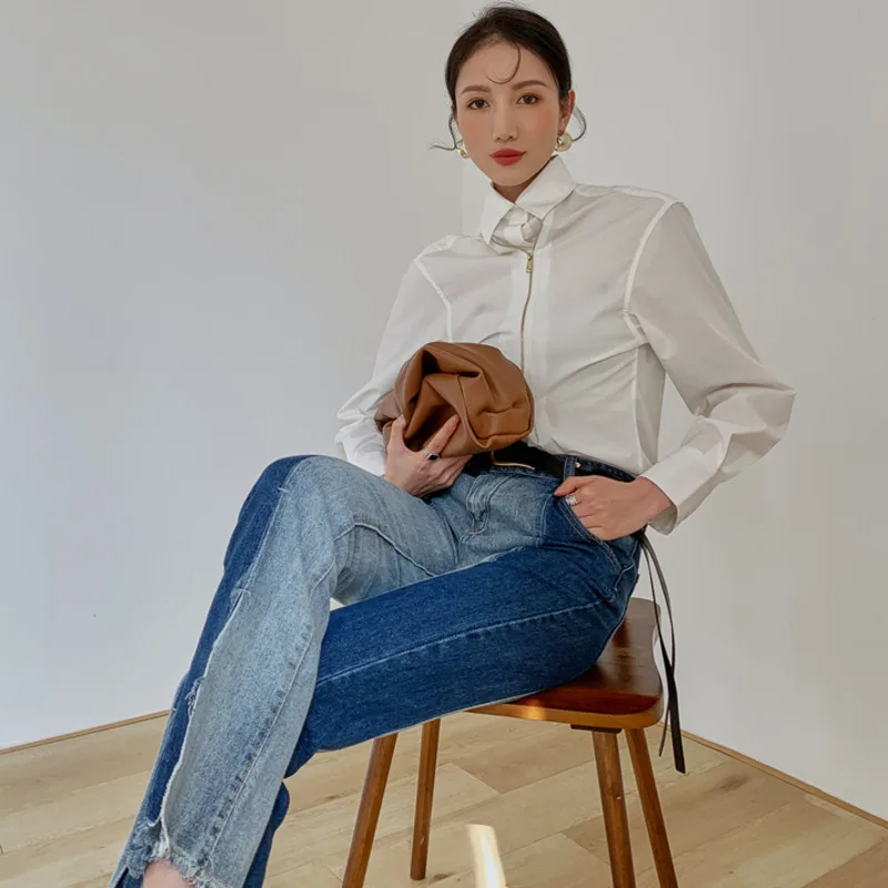 

2021 spring metal zipper fly turn-down collar slim long-sleeved OL style white color shirt for women fashion tide C901