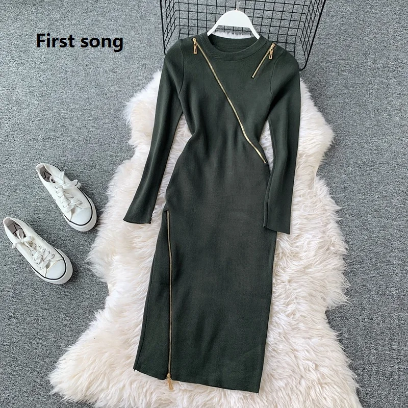 Первой песне Сезон осень зима Пикантные Свитер с молнией вязаное платье 2019New