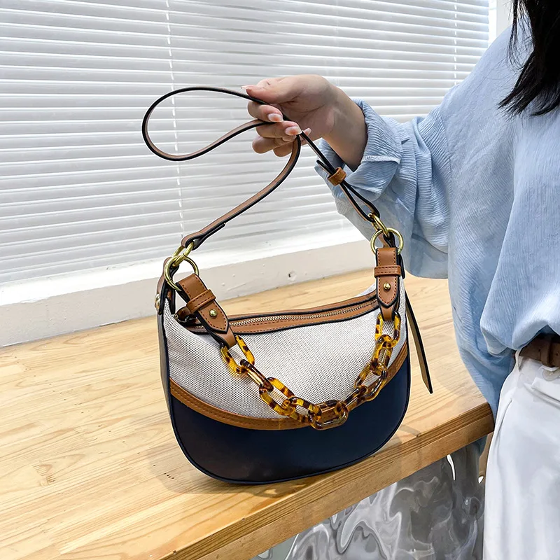 

Дизайнерские кошельки и сумочки для женщин, тоут через плечо с акриловой цепочкой в стиле ретро, брендовая цветная Холщовая Сумка на плечо с...