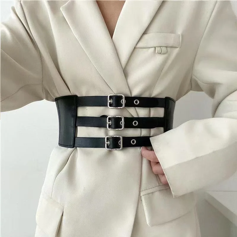 Punk New Women Double Buckle Cross Black Wide Elastic Girdle  Three-Row Pin Buckle Hundred Dress Suit Accessories Waistband