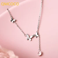 qmcoco korean trendy silver color adjustable zircon butterfly tassel pendant necklace for women delicate elegant wedding jewelry