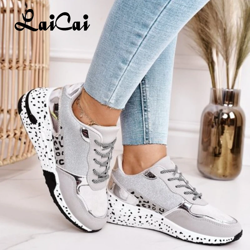 

European and American Large Size Women's Shoes 2021 Autumn New Thick Bottom Leopard Print Lace up Casual Sneakers for Women