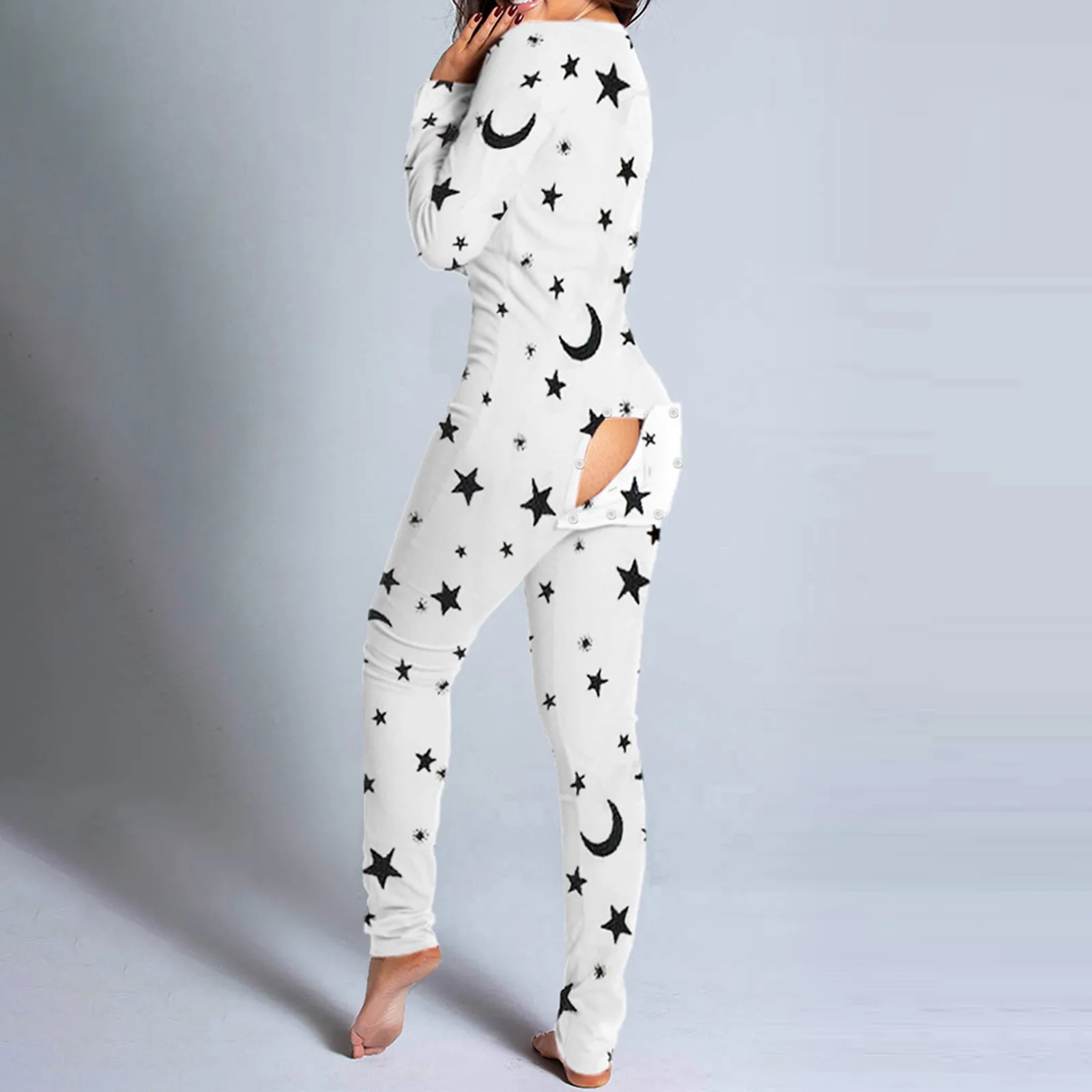 

Women Star Moon Print Club Plain Button Design Plunge Lounge Jumpsuit Functional Buttoned Flap Adults Pajamas